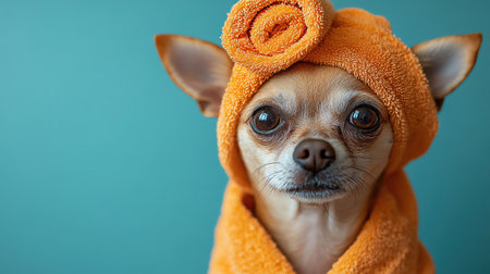 Chihuahua in a spa robe with a towel on its head, pastel blue background, pampered lookの素材