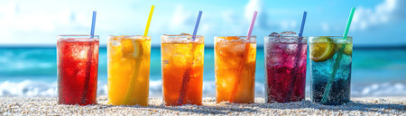 Colorful fruit drinks with straws on a beach, ocean and sky backdropの素材