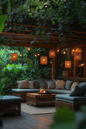 Cozy outdoor seating area with lush greenery, golden hour, soft focusの素材