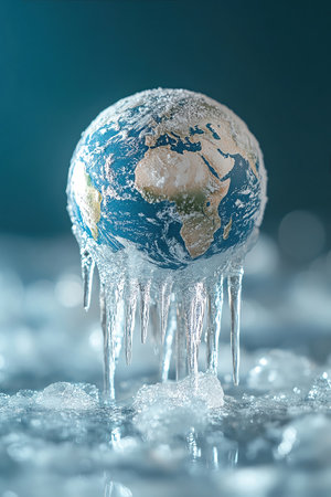 Earth as a melting ice sculpture on a blue background, environmental conceptの素材