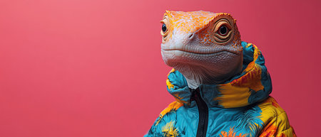 Dinosaur with a colorful jacket on a pink backgroundの素材