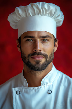 Happy chef in white uniform against a red background, closeup portrait exuding prideの素材