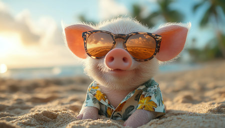 Piglet wearing sunglasses and Hawaiian shirt on a sunny beach, playful and humorous sceneの素材