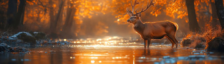 Majestic deer standing in a sunlit forest stream, golden hourの素材