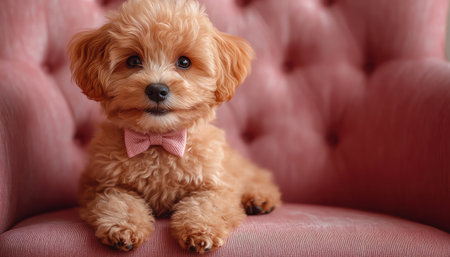 Poodle sitting on a pink thronelike chair with a matching bow tie stylish and cuteの素材