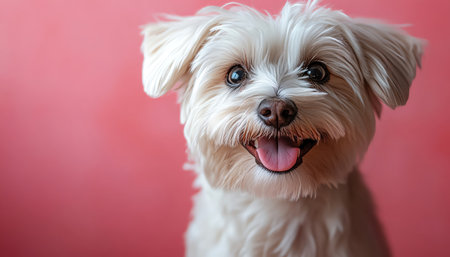 White dog with excited expression, pink background, cheerful and livelyの素材