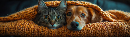 Cat and dog under blanket, cozy companionship, indoor, close friendshipの素材