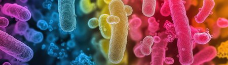 Microscopic bacteria, vibrant colors, high detail, dark backgroundの素材