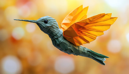 Origami hummingbird in green and yellow, suspended midair, minimal background clean lightの素材