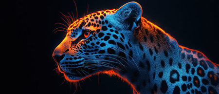 Neon leopard profile, glowing blue and orange patterns, dark backgroundの素材