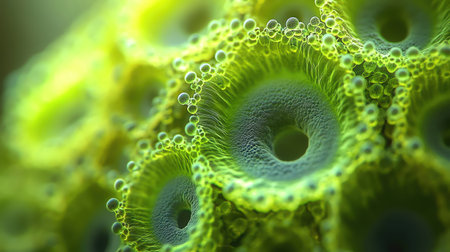 A macro shot of green circular algae under magnification, with intricate details creating a mesmerizing, otherworldly cellular structureの素材