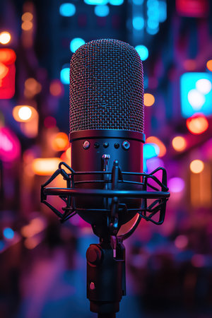 Microphone with soundwave, digital landscape, neon lightsの素材