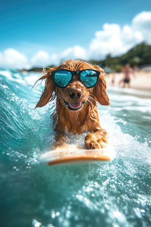 Surfing dog with sunglasses, vibrant ocean wave, action shotの素材