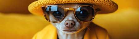 Chihuahua in yellow suit and hat, sunglasses, yellow background, stylish dogの素材