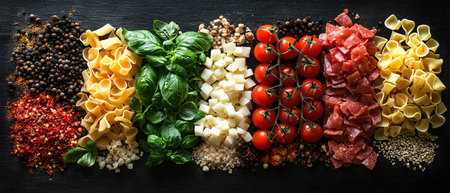 Assorted Italian ingredients pasta, tomatoes, basil, spices, dark background, topdown viewの素材
