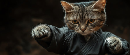 Cat in martial arts outfit, dramatic lighting, dark background, focused and poisedの素材