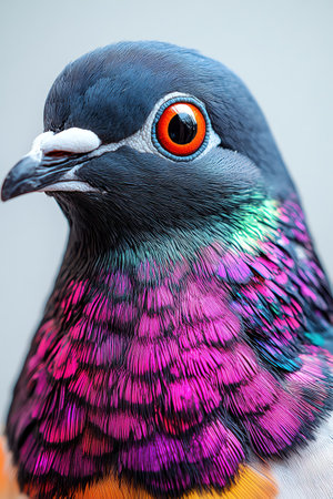 Closeup of a pigeon with iridescent feathers against a white backgroundの素材
