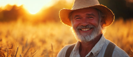 Farmer in wheat field, straw hat, golden hour light, joyful smile, closeup shotの素材