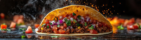 Exploding taco with ingredients midair, vibrant colors, dynamic movement, crisp detailsの素材