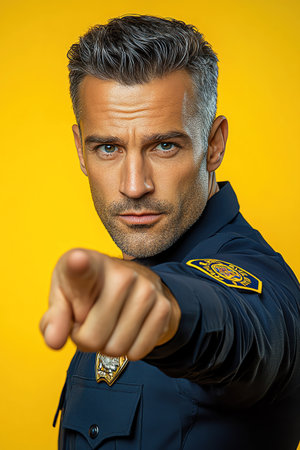 Policeman pointing forward, yellow background, assertive expressionの素材