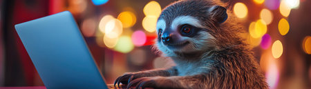 Sloth using laptop, bright indoor light, colorful background, closeup shotの素材