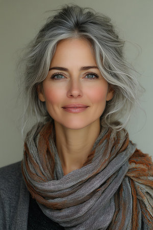 Smiling woman with gray hair, white background, serene and elegantの素材