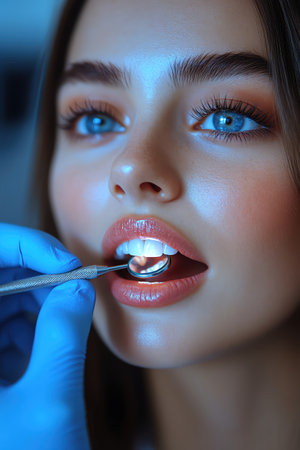 Woman getting dental checkup, closeup, modern clinic lightingの素材