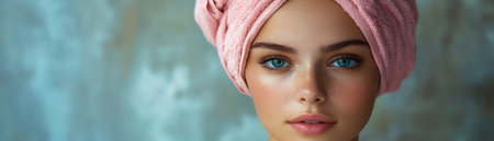 Woman with pink towel turban, natural beauty, soft lightingの素材