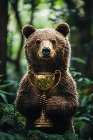 Bear holding a golden trophy in a forest, natural lighting, green surroundingsの素材