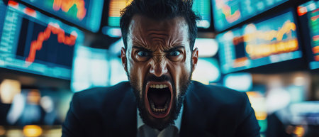 Angry man in front of multiple stock market screens, chaotic tradingの素材