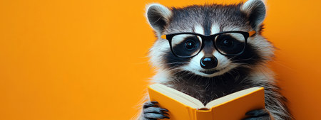 A raccoon wearing glasses, holding an open book, against a bright orange backdrop, quirky and whimsicalの素材