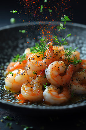 Artistic presentation of a shrimp dish with flying spices and herbsの素材