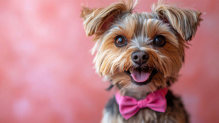 Excited dog with wild hair and a pink bow, smiling widely against a pink backgroundの素材