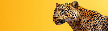 Leopard with a golden trophy, yellow background, poised lookの素材