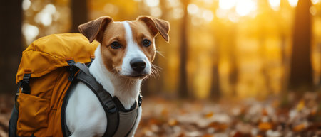 Dog wearing a backpack, ready for an adventure, autumn forest background, bright and cheerfulの素材