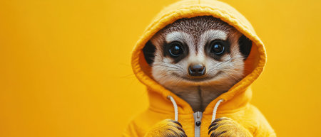 Meerkat in hoodie, yellow background, cute and casualの素材