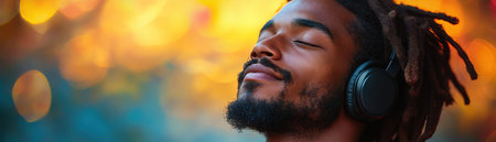 Young man with dreadlocks wearing headphones, enjoying music outdoors, vibrant and relaxedの素材