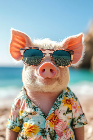Stylish pig on a beach, wearing sunglasses and a floral shirt, with a bright ocean backgroundの素材