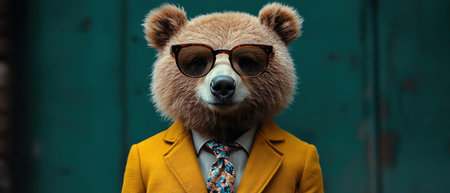 Bear in yellow suit with floral tie and sunglasses, confident pose, green background, studio lightingの素材