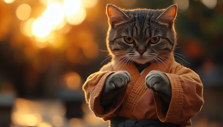 Cat in a karate outfit, paws forward, intense stare, warm lightingの素材