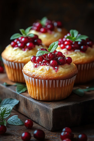 Cranberry muffins on a wooden board, rustic setting, fresh and appetizingの素材