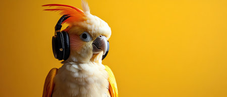 Cockatoo with headphones, minimalist background, quirky and funの素材