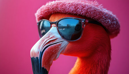 Flamingo with hat and sunglasses, pink backdrop, stylish and coolの素材