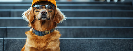 Golden retriever wearing glasses and a cap, sitting on steps, humorous portraitの素材