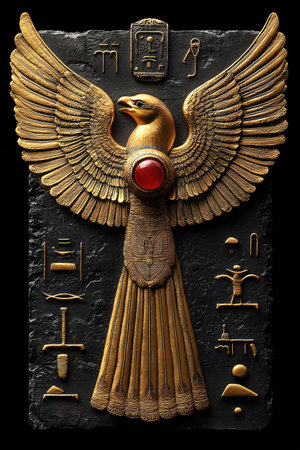 Golden Egyptian hieroglyphs on black background, symmetrical layout, midangle shotの素材