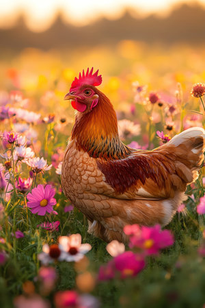 Freerange chicken in a sunny field, surrounded by wildflowers, vibrant dayの素材