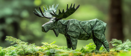 Green origami moose in a pine forest, surrounded by greeneryの素材