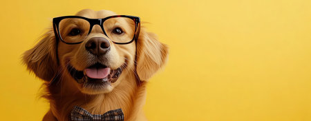 Golden retriever wearing glasses and bow tie, yellow background, studio shotの素材