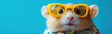 Hamster wearing yellow sunglasses and a Hawaiian shirt, quirky and funの素材