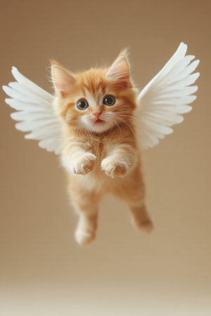 Kitten with angel wings, midair, beige background, whimsicalの素材